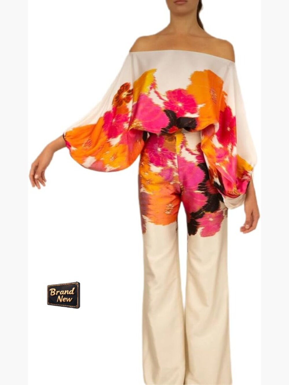 Off Shoulder Printed Long Sleeve 2 Piece Set with Wide Leg Pants
